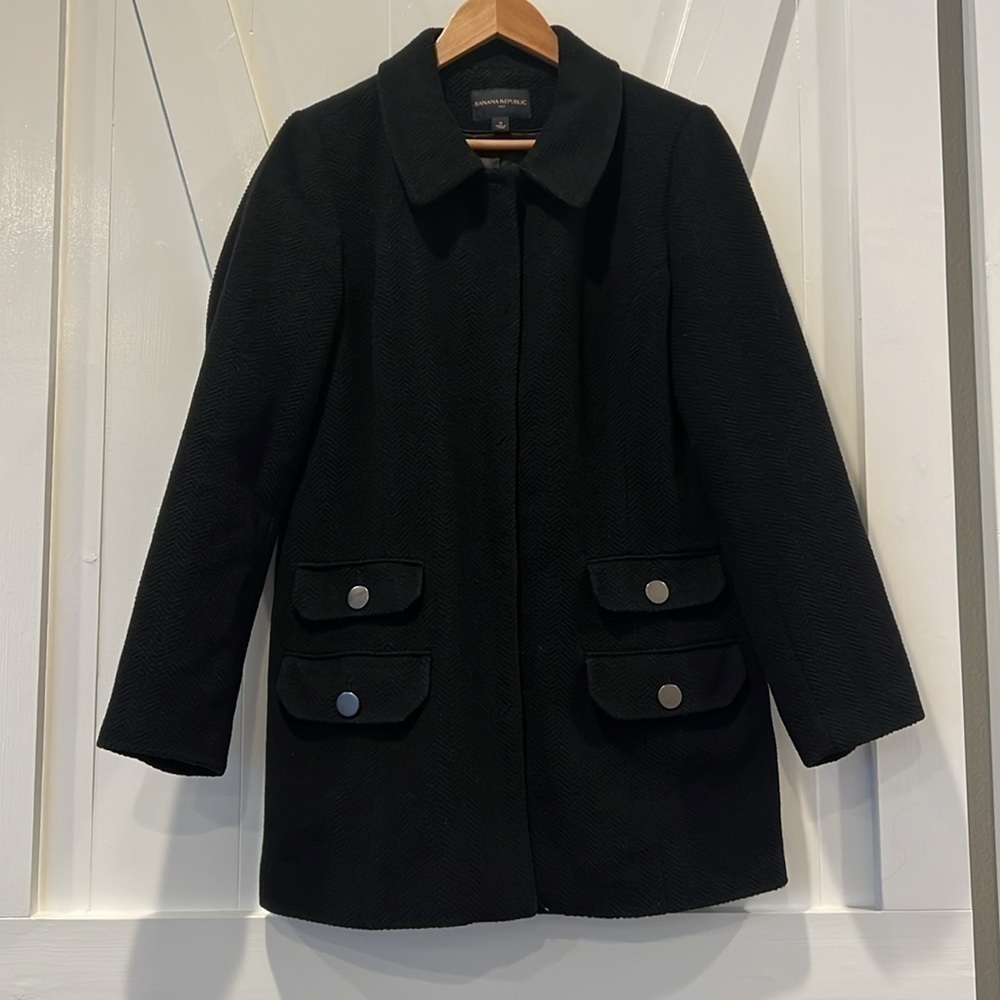 Banana Republic Black Wool Blend Herringbone Coat Size Medium